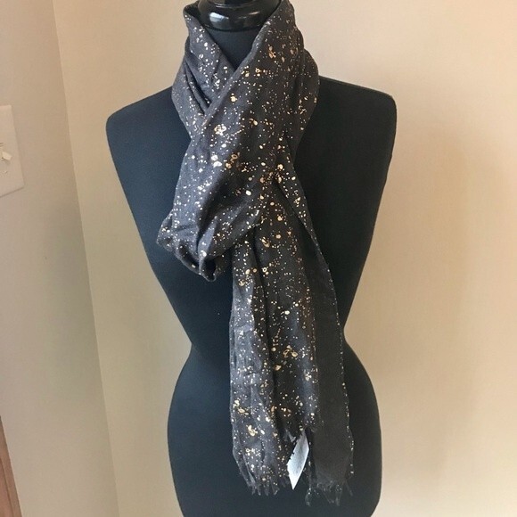 MICKEY LONDON Scarf Gold Metallic Splatter Gray Galaxy Star NWT - Picture 3 of 6